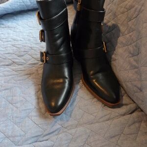 Pointed Black Buckle Ankle Boots with Side Zipper